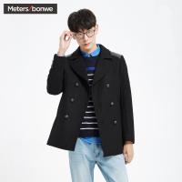 美特斯邦威毛呢外套男士肩膀拼皮短款含羊毛大衣潮
