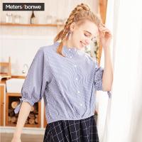 美特斯邦威2018夏新款长袖衬衫女蝙蝠袖休闲chic韩风条纹百搭潮603593
