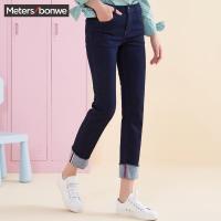 美特斯邦威牛仔长裤女休闲中腰弹力翻边直筒牛仔裤2018冬装新款