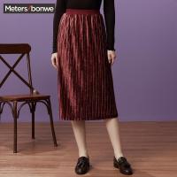 美特斯邦威半身裙女秋装chic韩版中长款复古高腰丝绒裙