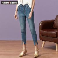 美特斯邦威牛仔裤女 秋冬季 款黑色显瘦九分裤修身小脚bf风604016