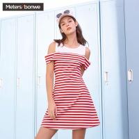 美特斯邦威连衣裙女夏季新款条纹假两件针织连衣裙