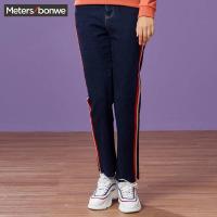 美特斯邦威牛仔裤女织带撞色牛仔直筒裤学生chic裤子冬装