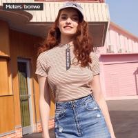 美特斯邦威夏季新款半高领条纹T恤女短袖韩版清新上衣原宿风