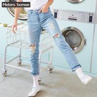 美特斯邦威牛仔裤女士夏季潮流chic破洞水洗卷边牛仔裤604578