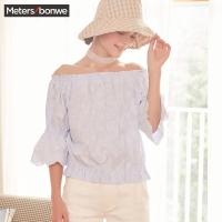 美特斯邦威夏新款一字领长袖衬衫女宽松喇叭袖上衣可爱清新