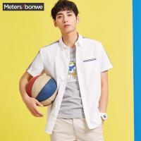 美特斯邦威夏新款条纹拼色短袖衬衫男休闲学生上衣时尚潮流