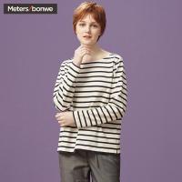 美特斯邦威针织T恤女新款针织条纹一字领长袖恤商场款