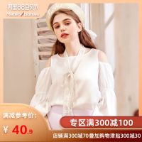 美特斯邦威长袖衬衫女气质甜美灯笼袖小心机露肩衬衣chic女上衣