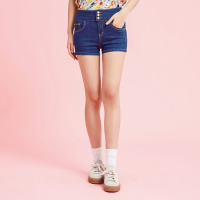美特斯邦威女高腰排扣牛仔短裤