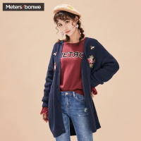 美特斯邦威针织开衫女秋新款中长款刺绣外套学生韩版潮专柜款