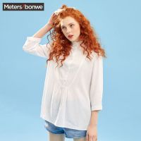 美特斯邦威条纹短袖衬衫女荷叶领边七分袖纯色衬衣仙2019夏装新款