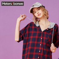 美特斯邦威夏新款格子连帽短袖衬衫女韩版ulzzang上衣时尚潮