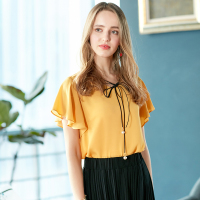 舒适v领皮绳短袖雪纺上衣