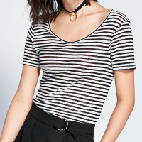 德玛纳夏季韩版短袖T恤女黑白条纹修身体恤半袖打底衫夏装上衣潮