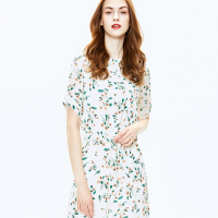 德玛纳2017夏季简约清新印花抽带式侧开叉连衣裙雪纺裙
