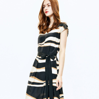 德玛纳2017夏季新款不规则斑马纹系腰带圆领中长裙束腰连衣裙