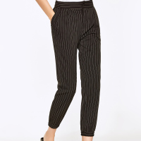 德玛纳2017新款休闲百搭纯色中腰条纹束脚哈伦裤女