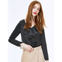 气质荷叶边黑色V领衬衫