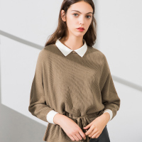 简约抽绳衬衫领拼色套头衫