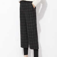 格子直筒假两件呢料长裤