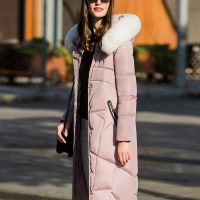时尚百搭长款羽绒服宽松个性辑线茧型简约气质外套粉色