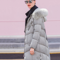 简约通勤直筒羽绒服显瘦保暖连帽长款外套灰色