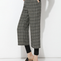 格子直筒假两件呢料长裤灰色