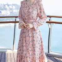 荷叶边系带雪纺印花连衣裙