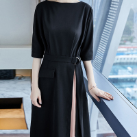 18春夏新款连衣裙修身显瘦假两件裙不对称系带A字裙