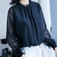 简约轻熟风衬衫拼接式百搭上衣通勤纯色雪纺上衣