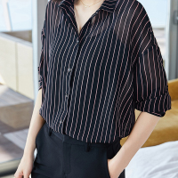 轻熟风透视衬衫撞色条纹上衣宽松百搭上衣