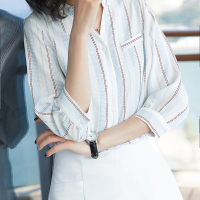 简约合身衬衫知性条纹上衣通勤百搭上衣