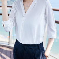 简约V领衬衫通勤雪纺衬衣精致门襟设计上衣本白