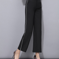 新款春装休闲直筒长裤撞色夹边阔腿裤侧缝织带装饰韩版百搭女裤
