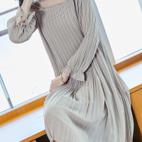 雪纺波点网纱拼接连衣裙收腰喇叭袖裙百褶中长裙