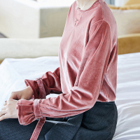 丝绒拼接上衣合身慵懒恤衫长袖时尚恤衫