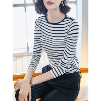圆领春季套头百搭内搭条纹舒适基本款合体针织恤衫