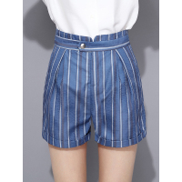夏季新款条纹印花休闲短裤高腰修身显瘦竖条纹A子阔腿裤条纹热裤女