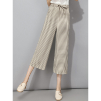 夏季新款格纹系腰带休闲九分阔腿裤橡筋腰直筒格子裤腰带装饰女裤