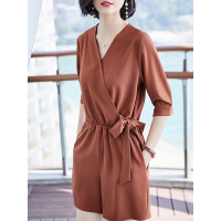 新款港味连体裤V领收腰连身衣显瘦通勤短裤