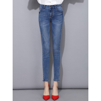 春季新品牛仔小脚裤修身显瘦水洗磨白铅笔裤脚口磨边长裤