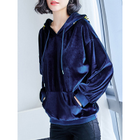 淑女丝绒卫衣绣花甜美上衣长袖套头连帽恤衫
