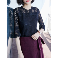 简约收腰衬衫精致蕾丝上衣通勤拼接式上衣黑色