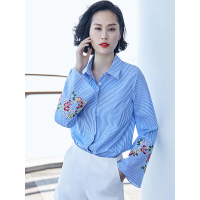 知性条纹衬衫时尚喇叭袖绣花衬衣OL简约百搭上衣