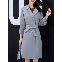 时尚西装领长袖双排扣休闲中长款外套通勤百搭气质简约女款风衣