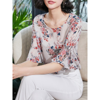 春夏百搭印花衬衫简约印花雪纺衬衣时尚系带上衣