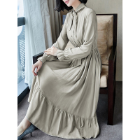 夏季文艺连衣裙荷叶边系带裙显瘦素雅中长裙卡其