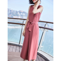 新款时尚气质无袖连体裤显瘦阔腿裤知性百搭系带裤