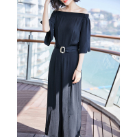 时尚一字领连体裤显瘦简约阔腿裤百搭纯色连身裤